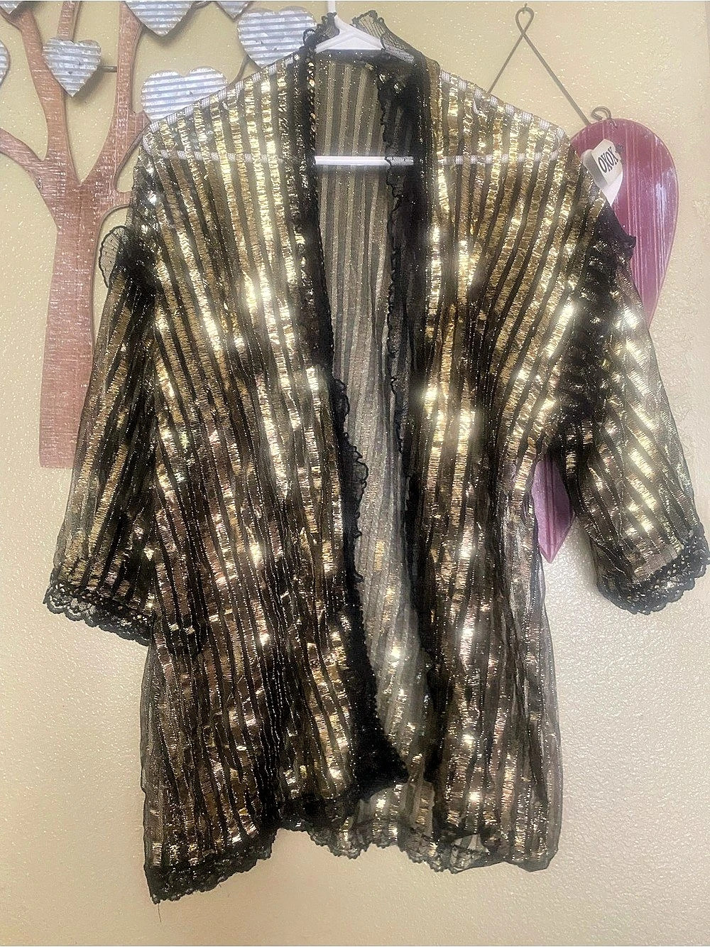 Vintage Metallic Striped Lace-Trim kimono in Black & Gold Like New one size fits